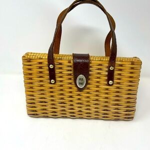 Vintage Woven Reed & Leather Purse  Cream & Brown | Hinged Opening | Twist